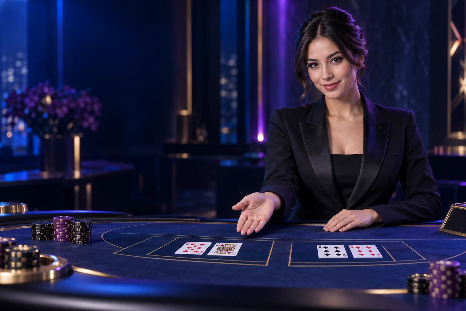 Live casino dealer behind a baccarat table with cards and chips